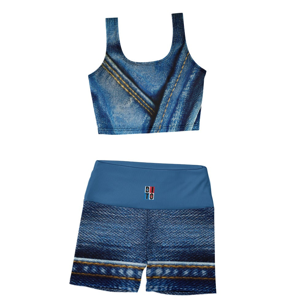 Denim Print Thread Yoga Vest Set