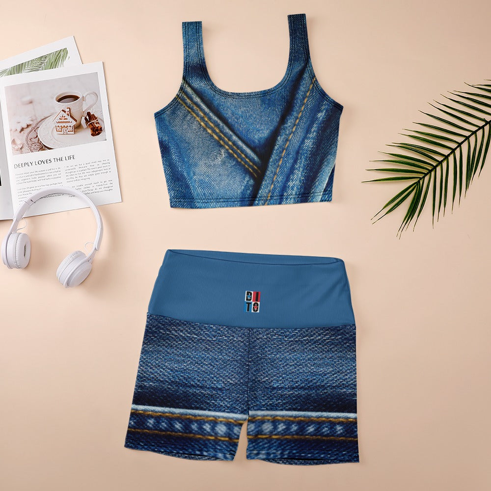 Denim Print Thread Yoga Vest Set